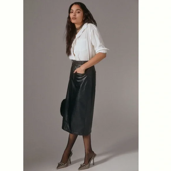 NWOT Anthropologie Pilcro Faux Leather Moto Midi Skirt 2 Pencil Vegan Punk Black - Picture 5 of 16